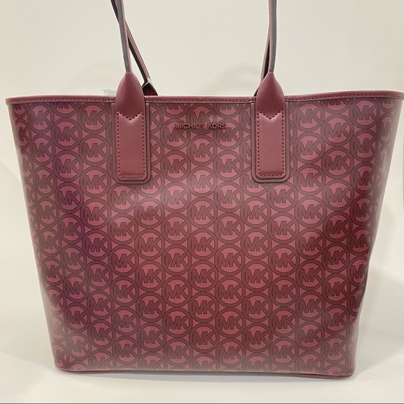 MICHAEL KORS Jodie Large Logo Jacquard Tote Carryall Handbag MK print Bag Merlot - Picture 4 of 13